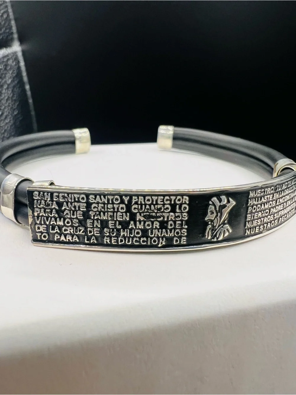 Black rubber and Sterling Silver Saint Benedict Prayer Cuff Bracelet